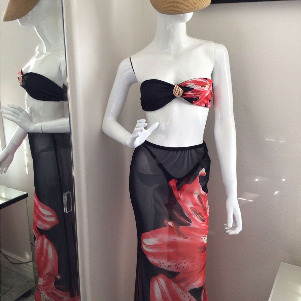 Black & Red Floral Two-Piece Sheer Beach Cover-Up Set